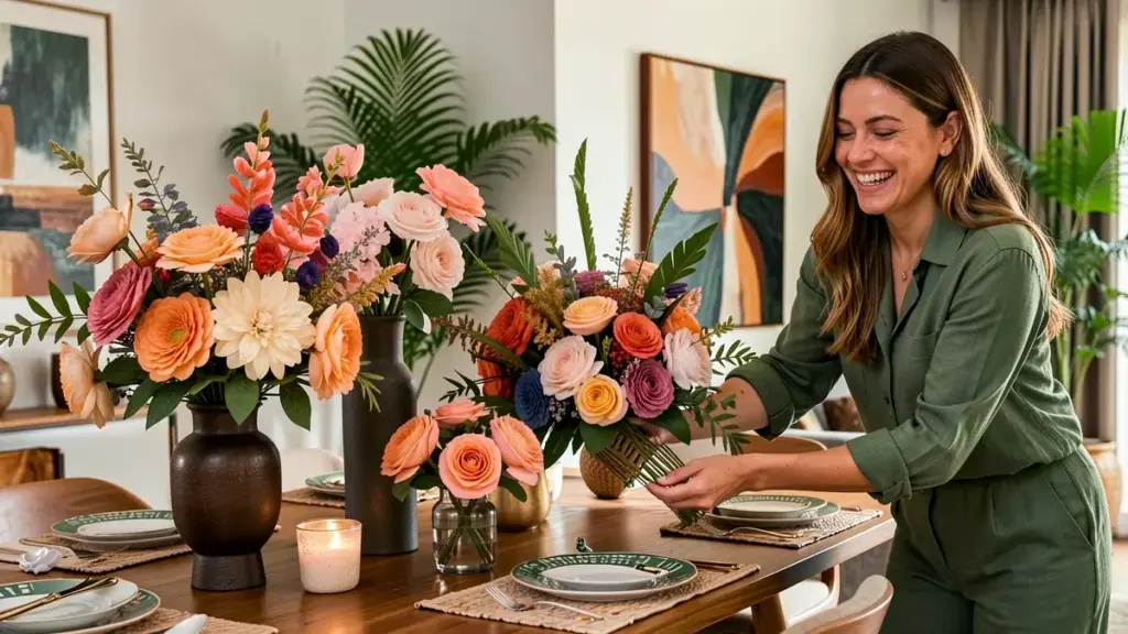 Arranjos de flores artificiais para mesa de jantar: ideias por estilo e tamanho de mesa